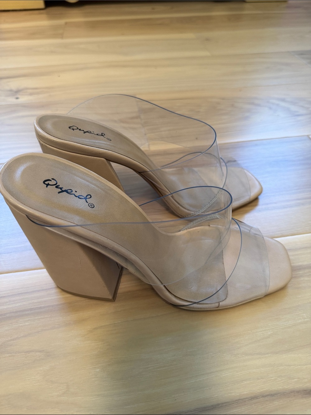 Qupid Nude Block Heel Mules with Clear Straps